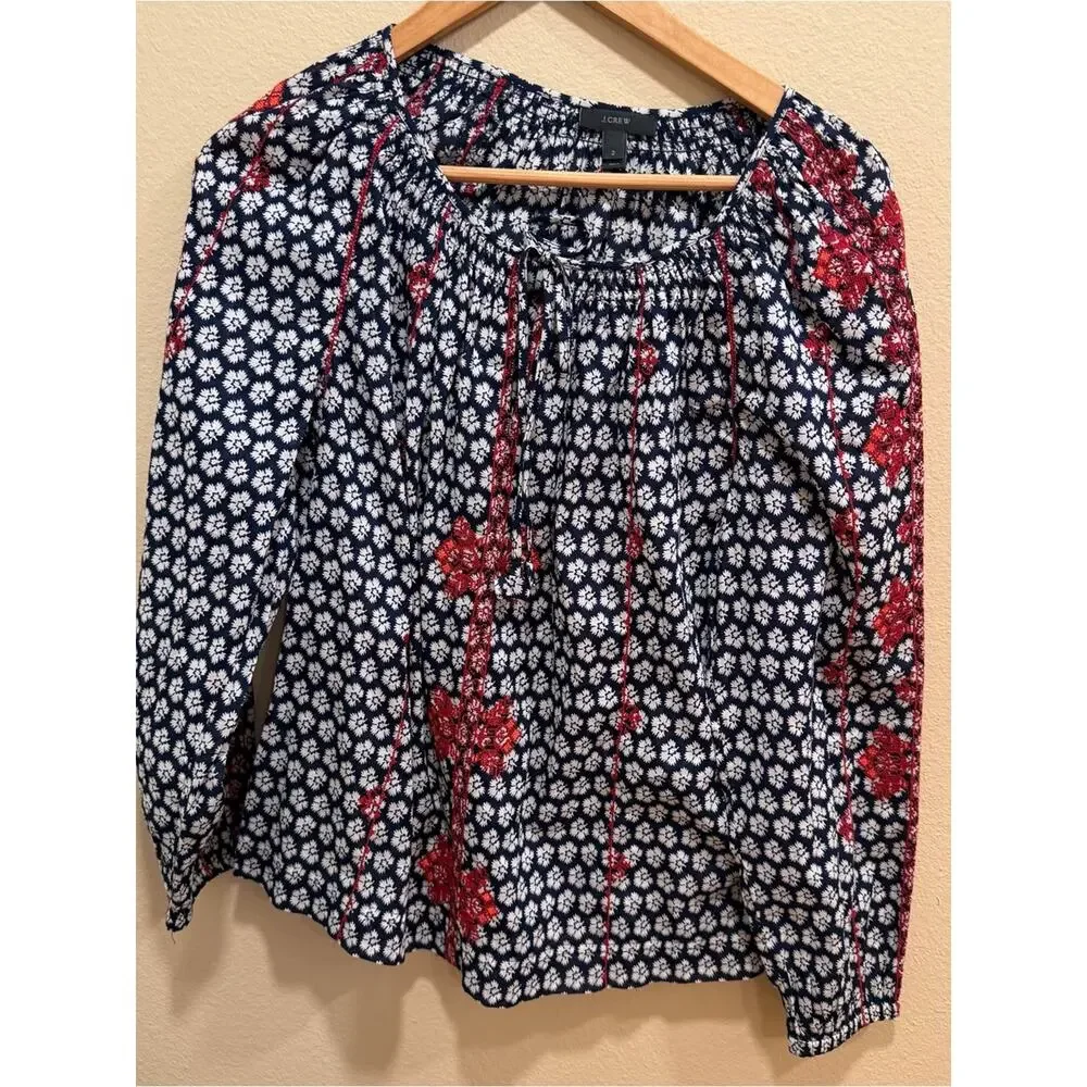 J. Crew Navy Floral Peasant Blouse with Red and White Motif Floral 2